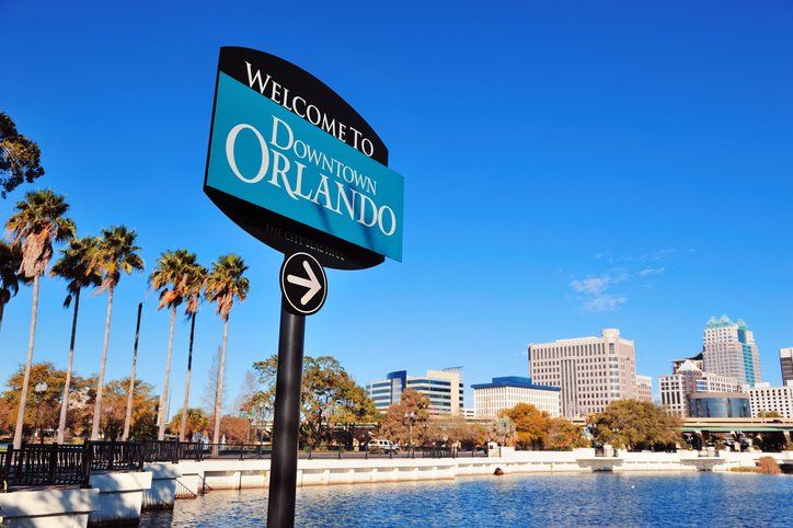 Orlando downtown welcome sign with tropical scene