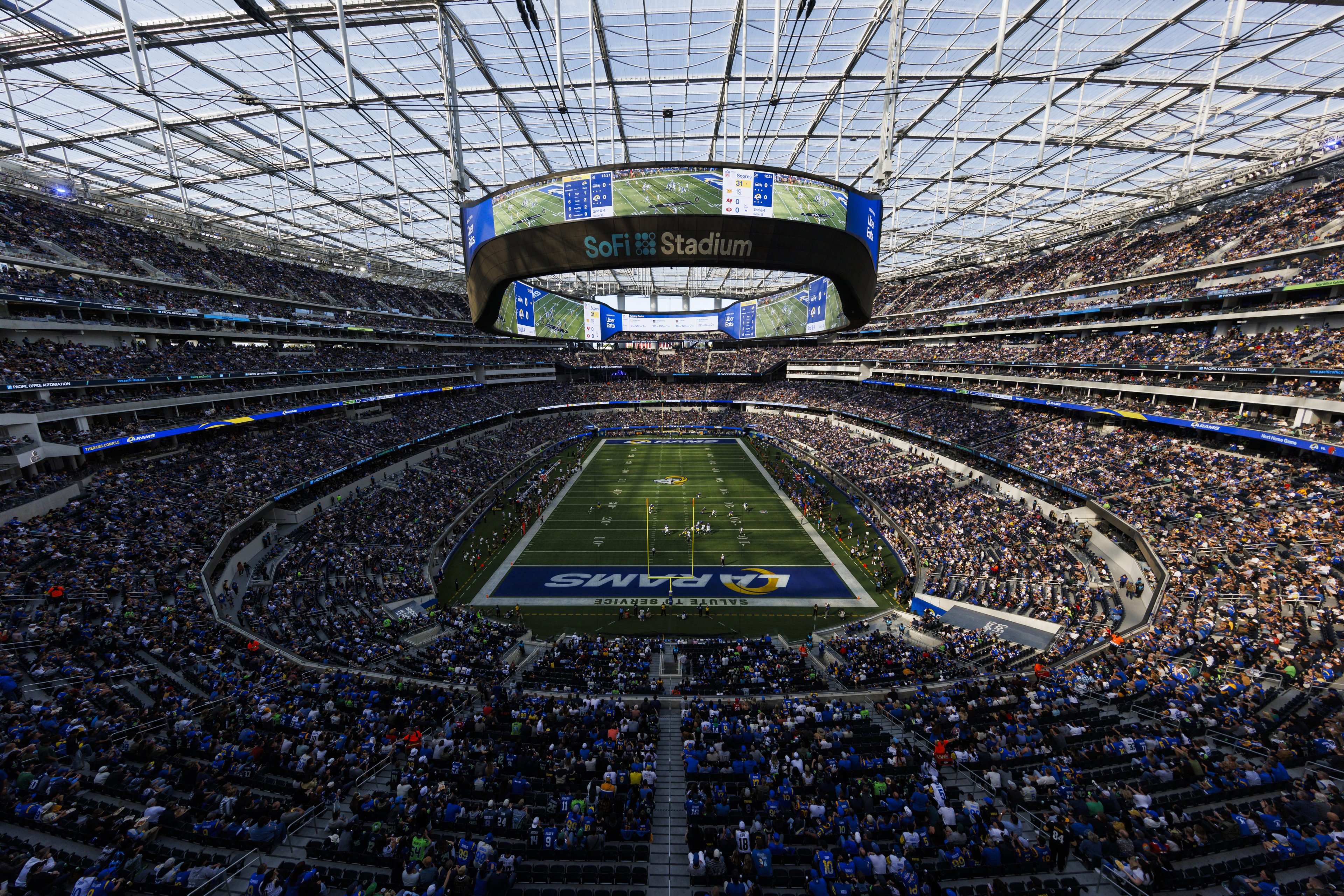 INGLEWOOD, CALIFORNIA - NOVEMBER 19: A general view of the stadium during the game between the Seattle Seahawks and Los Angeles Rams at SoFi Stadium on November 19, 2023 in Inglewood, California. (Photo by Ric Tapia/Getty Images)