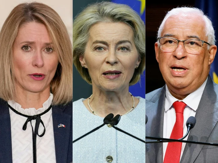 (A partir da esquerda) Kaja Kallas, Ursula von der Leyen e António Costa (AFP/AFP)