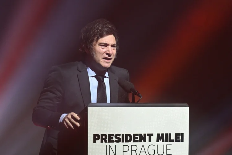 Argentinas President Javier Milei delivers a speech after receiving the Award of Liberal Institute on June 24, 2024 in Prague, Czech Republic. (Photo by Michal Cizek / AFP) (Michal Cizek/AFP)