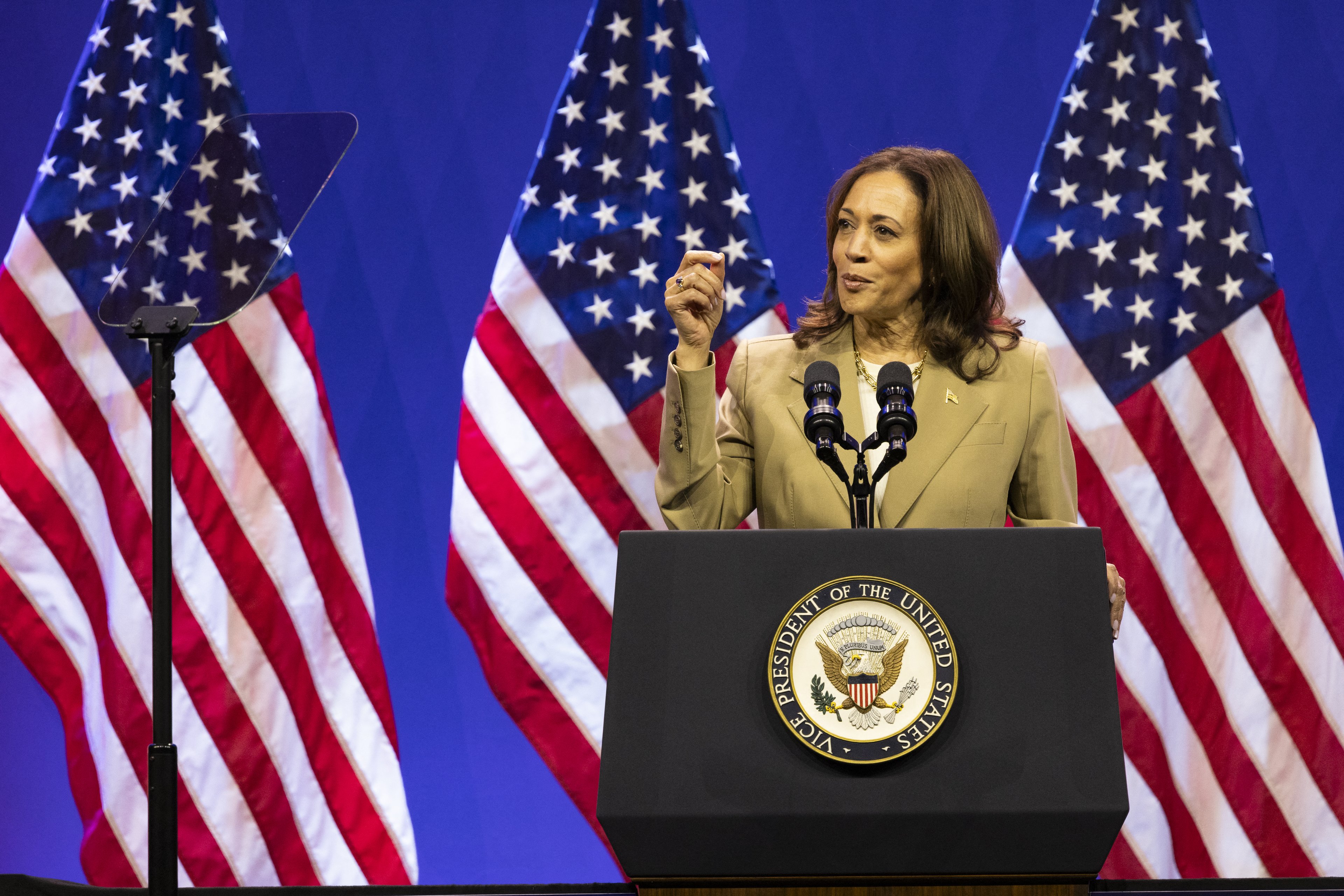 (FILES) US Vice President Kamala Harris speaks at the Asian and Pacific Islander American Vote (APIAVote) Presidential Town Hall in Philadelphia, Pennsylvania, July 13, 2024. Joe Biden on July 21, 2024 dropped out of the US presidential election and endorsed Vice President Kamala Harris as the Democratic Party's new nominee, in a stunning move that upends an already extraordinary 2024 race for the White House. Biden, 81, said he was acting in the "best interest of my party and the country" by bowing to weeks of pressure after a disastrous June debate against Donald Trump stoked worries about his age and mental fitness. (Photo by RYAN COLLERD / AFP)