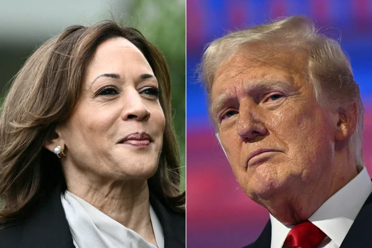 Montagem de fotos de Donald Trump e Kamala Harris   (Brendan Smialowski e Patrick T. Fallon/AFP)