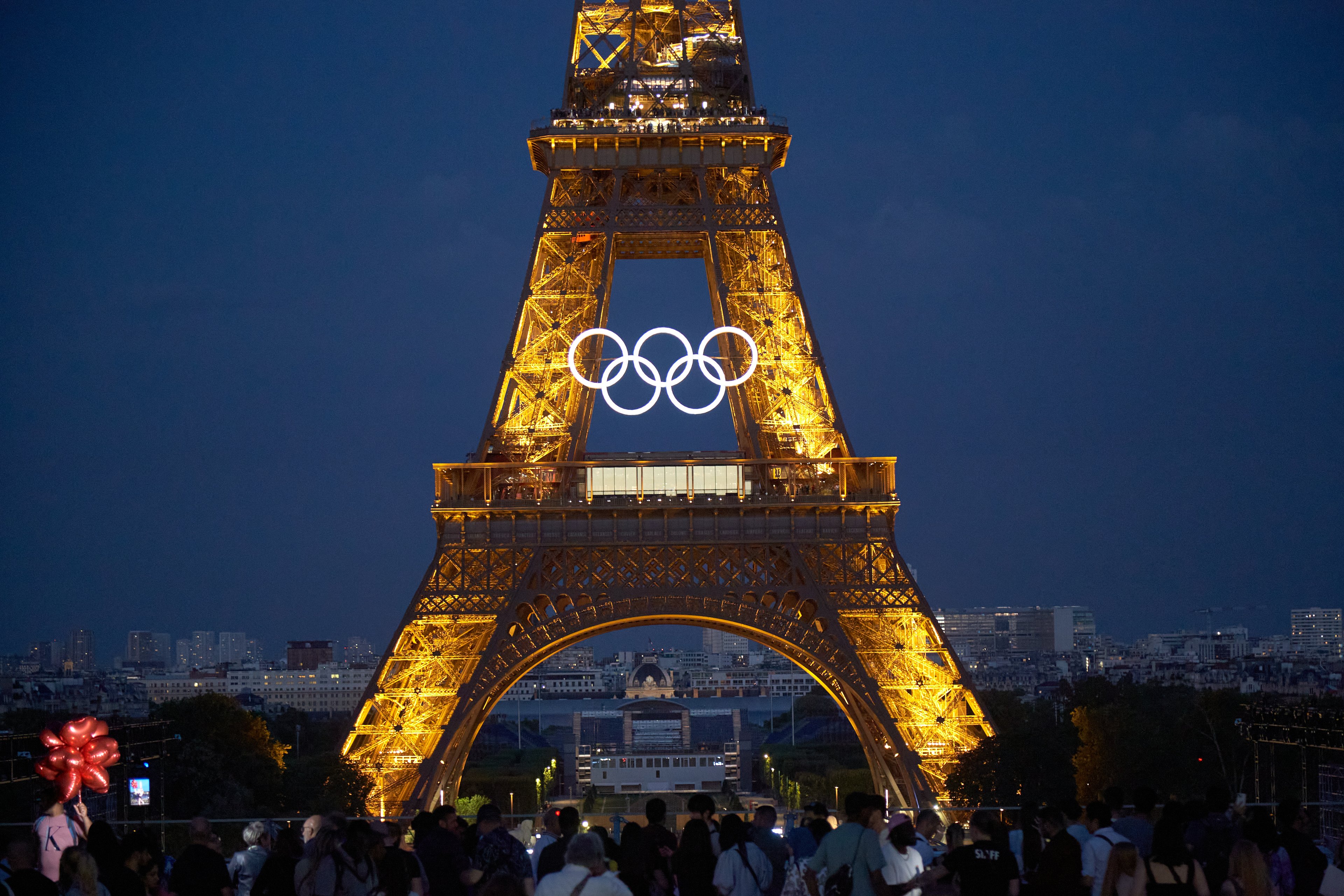 PARIS, FRANCE - JUNE 28: The Olympic rings are seen on the Eiffel Tower on June 28, 2024 in Paris, France. The 2024 Summer Olympic Games begin on July 26. (Photo by Pierre Crom/Getty Images)