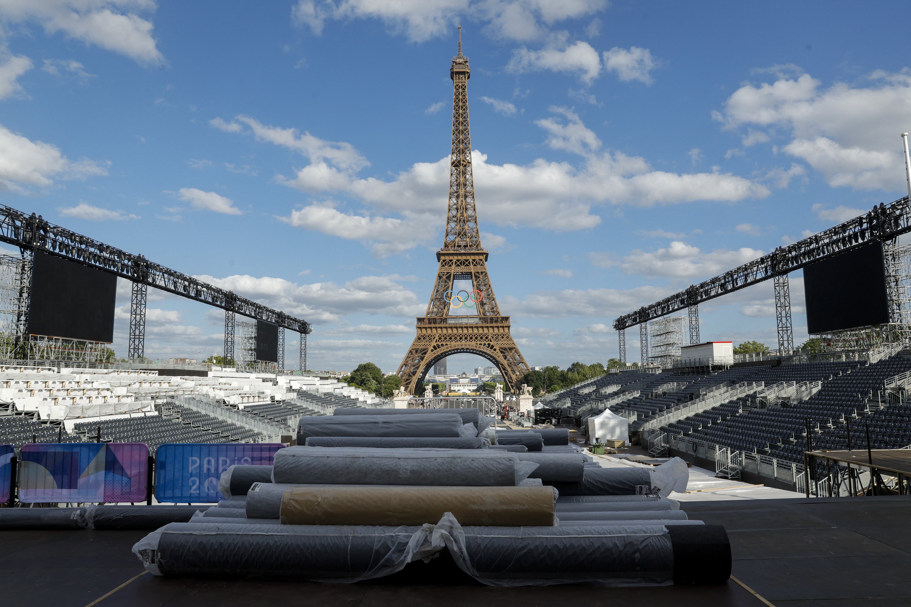 This photograph shows the construction site of Parc des Champions (Champion's Park) at the foot of the Eiffel Tower at the Trocadero for the upcoming Paris 2024 Olympic Games, in Paris on July 4, 2024. The Parc des Champions is a celebration site, which will be accessible for the public to see the Olympic medallists a day after their exploits. (Photo by Geoffroy VAN DER HASSELT / AFP) (Photo by GEOFFROY VAN DER HASSELT/AFP via Getty Images)