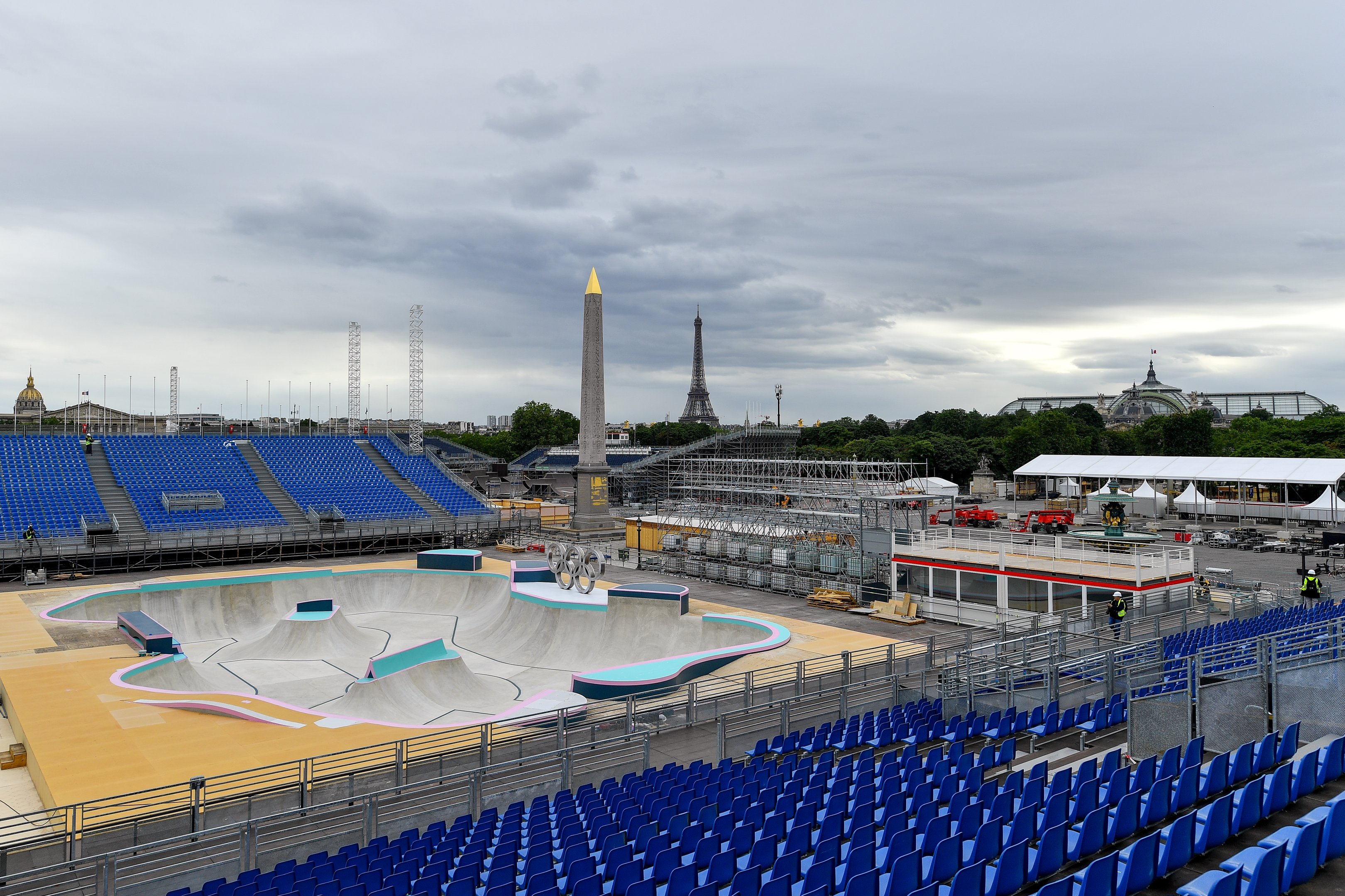 PARIS, FRANCE - JULY 03: General view inside the Skatepark area during the Unveiling of the Competition Areas for the BMX Freestyle and Skateboarding Events for Paris Olympics 2024 at Place de la Concorde on July 03, 2024 in Paris, France. (Photo by Franco Arland/Getty Images)