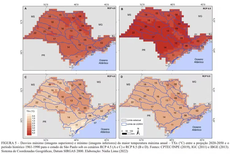 Desvios máximos e mínimos da maior temperatura anual em SP projetados para 2020-2050 (Divulgação)