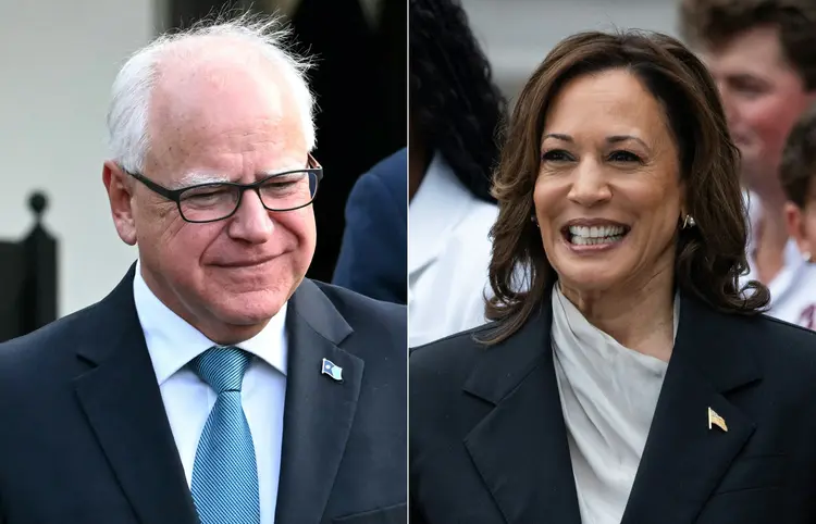 O governado de Minnesota, Tim Walz, e a vice-presidente dos EUA, Kamala Harris. Crédito: Jim WATSON e Chris Kleponis / AFP (Jim WATSON e Chris Kleponis/AFP)