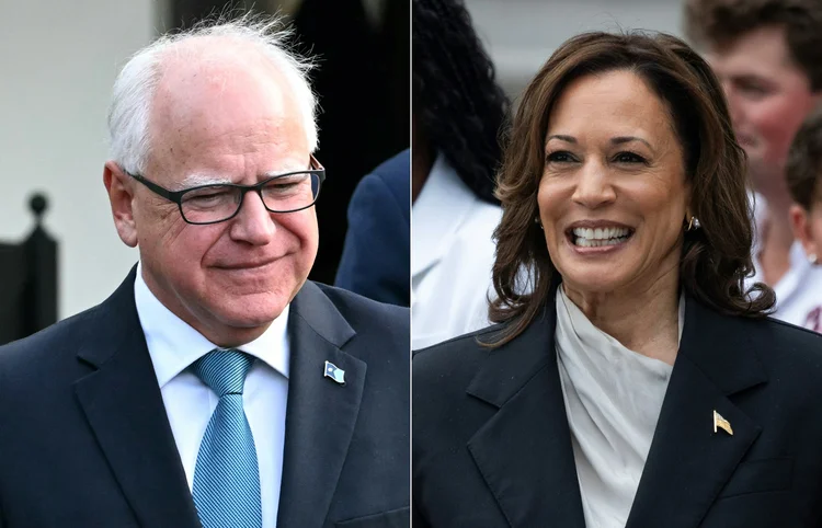 O governado de Minnesota, Tim Walz, e a vice-presidente dos EUA, Kamala Harris. Crédito: Jim WATSON e Chris Kleponis / AFP (Jim WATSON e Chris Kleponis/AFP)