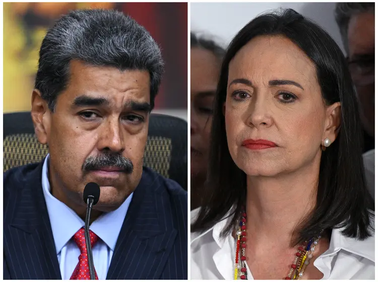 This combination of file pictures created on August 2, 2024, shows Venezuelan President Nicolas Maduro (L) speaking during a press conference with the international media following the presidential election, in Caracas on July 31, 2024, and Venezuelan opposition leader Maria Corina Machado listening during a press conference following the announcement of the presidential election results, in Caracas on July 29, 2024. Venezuela's opposition leader Maria Corina Machado on August 1, 2024 called for protests "in every city" in the nation on August 3 to denounce the disputed reelection of President Nicolas Maduro. The oil-rich Latin American nation was plunged into political crisis after Maduro was declared by the government-aligned National Electoral Council as the victor of Sunday's election. (Photo by Federico PARRA / AFP) (Federico PARRA/AFP)