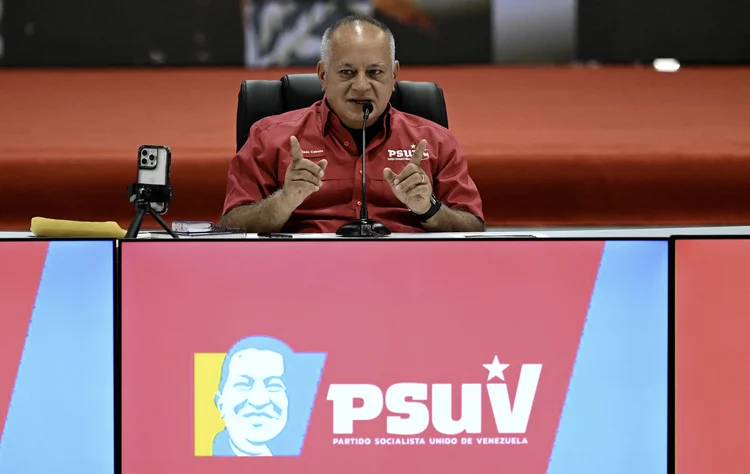 Deputy of the National Assembly and Vice President of Socialist United Party of Venezuela (PSUV), Diosdado Cabello, speak during a press conference in Caracas on August 5, 2024. The Venezuelan opposition called on August 5, 2024, on the conscience of the military, the mainstay of President Nicolas Maduro's government, to be "on the side of the people" amid allegations of fraud in the elections held on July 28, 2024. (Photo by Juan BARRETO / AFP) ( Juan BARRETO/AFP)