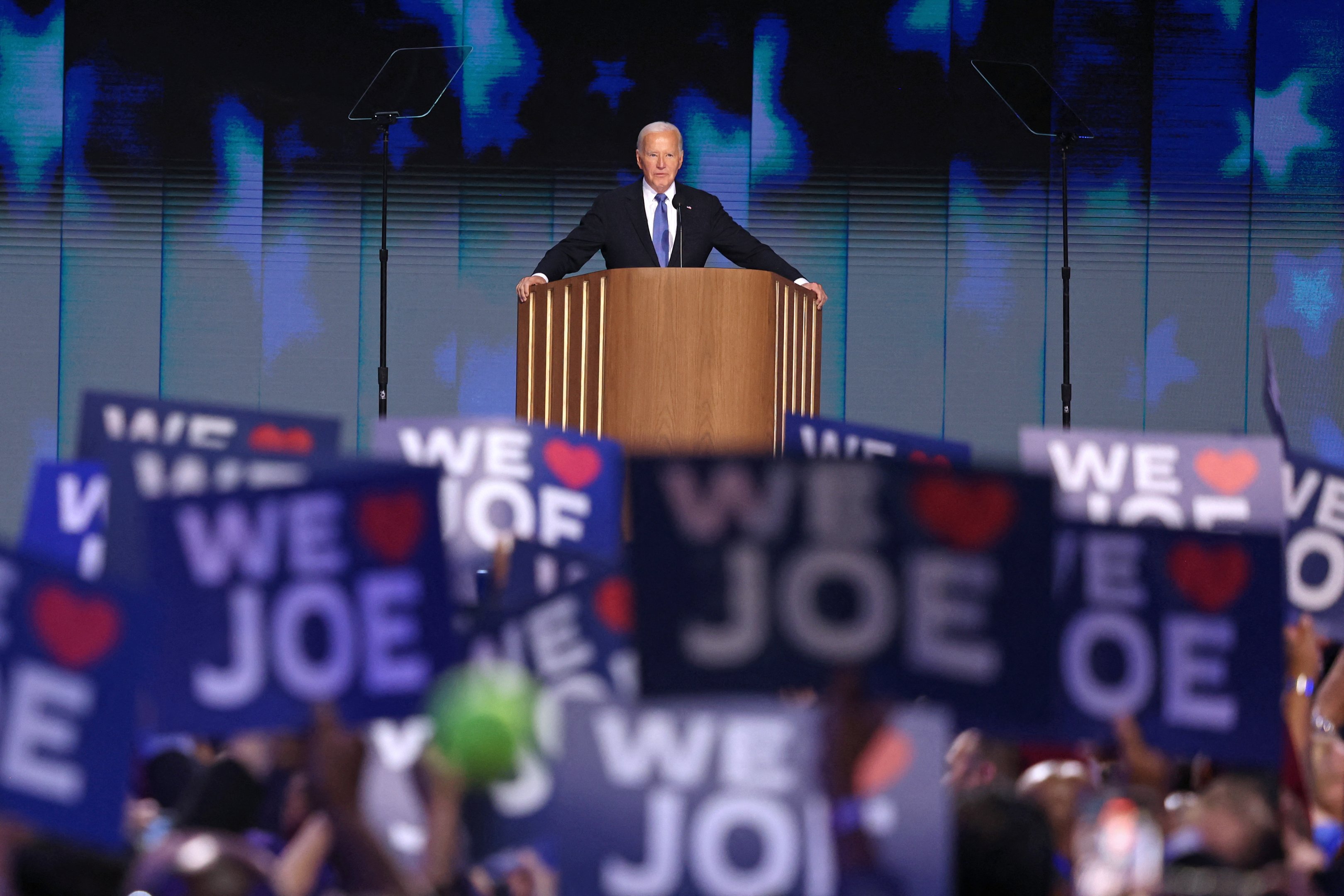 US President Joe Biden speaks on the first day of the Democratic National Convention (DNC) at the United Center in Chicago, Illinois, on August 19, 2024. Vice President Kamala Harris will formally accept the partys nomination for president at the DNC which runs from August 19-22 in Chicago. (Photo by CHARLY TRIBALLEAU / AFP)