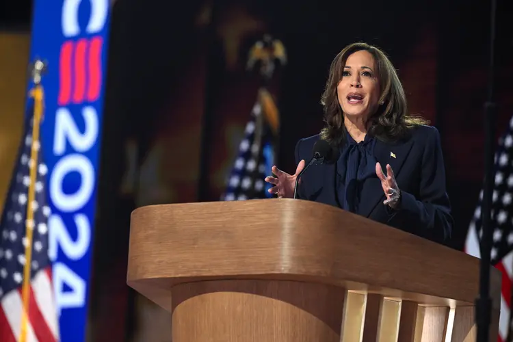 Kamala Harris, durante discurso na Convenção Democrata (Saul Loeb/AFP)