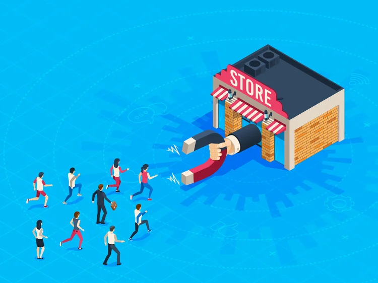 Store attraction customers. Market magnet attracted loyal customer. Inbound marketing attract clients shopping . Buying shop business attractive shoppers business vector isometric concept (AdobeStock)