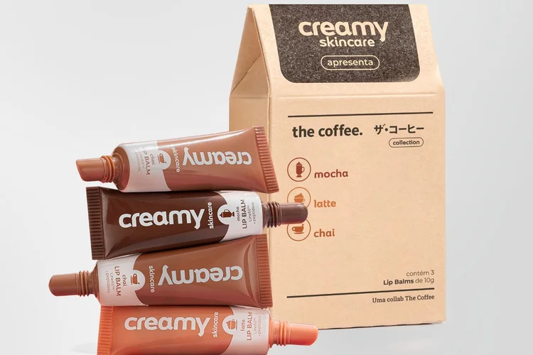 Collab entre Creamy e The Coffee apresenta três hidratantes labiais com os aromas Mocha, Latte e Chai (Divulgação)