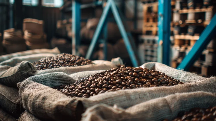 Sacks filled with coffee beans in a warehouse, highlighting the abundance and quality of this popular commodity. (Gerado por IA/Freepik)