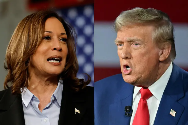 Kamala Harris e Donald Trump, que disputam a eleição presidencial nos EUA (Jeff Kowalsky e Mandel Ngan/AFP)