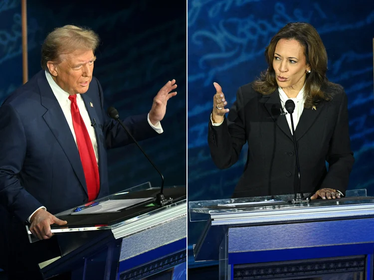 Os candidatos Donald Trump e Kamala Harris, durante debate em setembro (Saul Loeb/AFP)