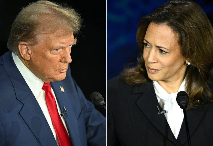 Kamala Harris e Donald Trump, durante debate no dia 10 de setembro (Saul Loeb/AFP)