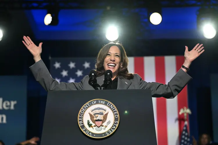 US Vice President and Democratic presidential nominee Kamala Harris speaks about reproductive rights at a campaign event at the Cobb Energy Center in Atlanta, Georgia, on September 20, 2024. (Photo by Mandel NGAN / AFP)