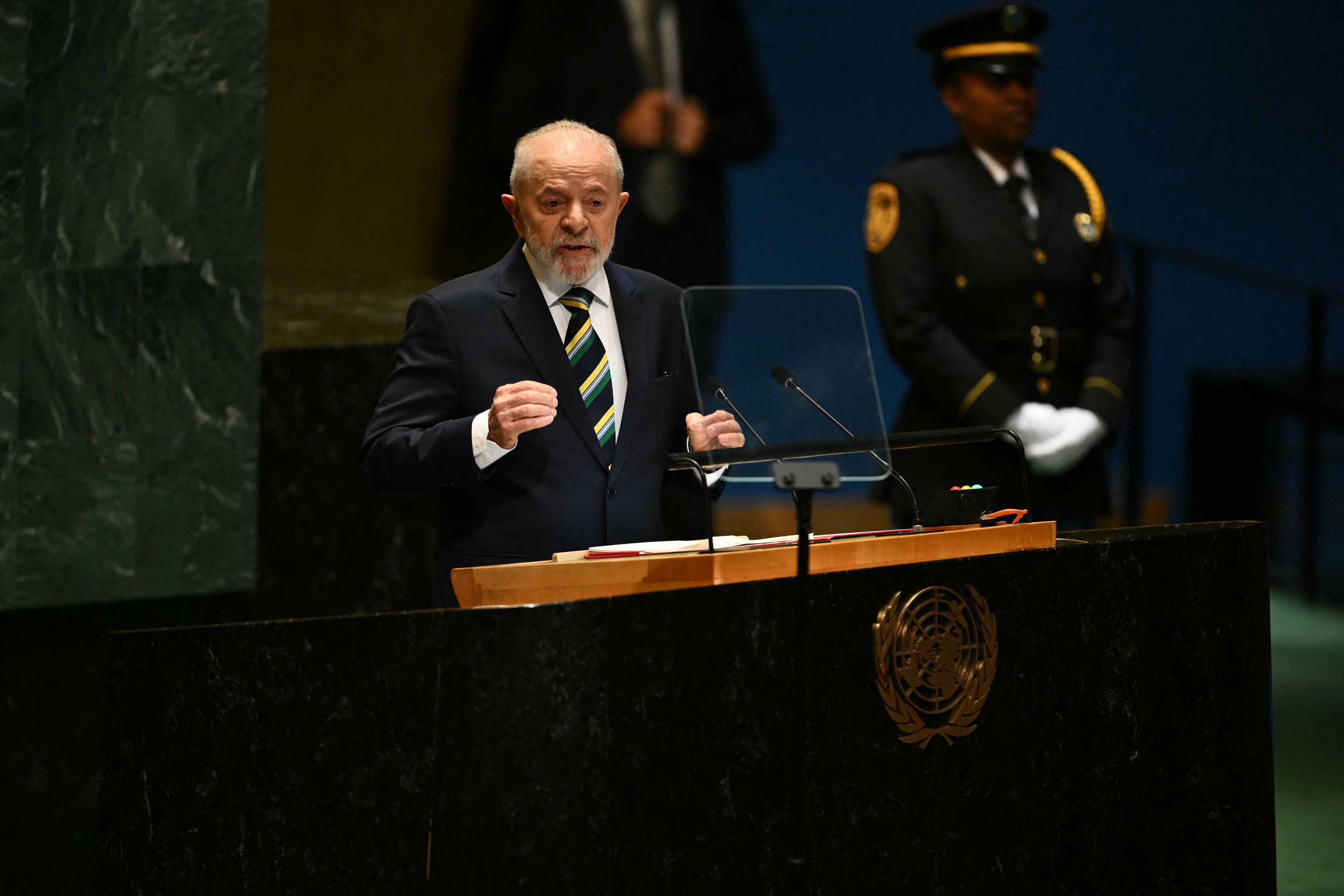 Brazil's President Luiz Inacio Lula da Silva speaks during the 79th Session of the United Nations General Assembly at the United Nations headquarters in New York City on September 24, 2024. (Photo by ANGELA WEISS / AFP)