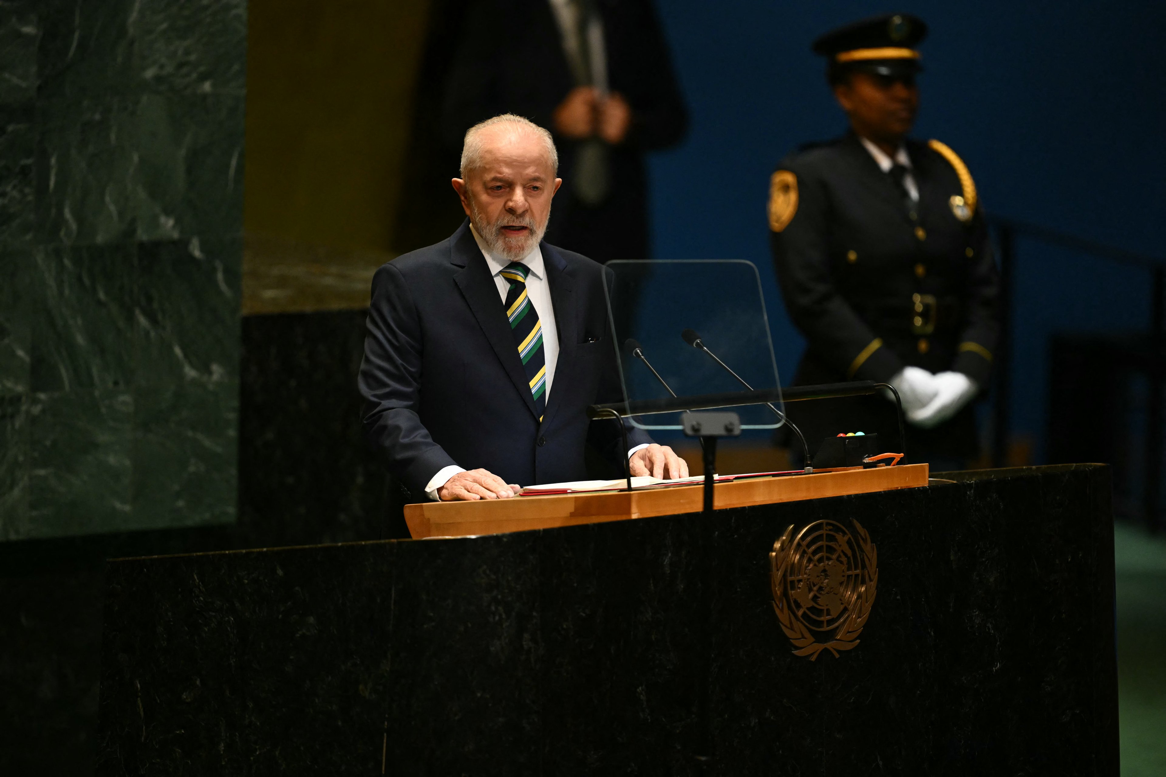 Brazil's President Luiz Inacio Lula da Silva speaks during the 79th Session of the United Nations General Assembly at the United Nations headquarters in New York City on September 24, 2024. (Photo by ANGELA WEISS / AFP)