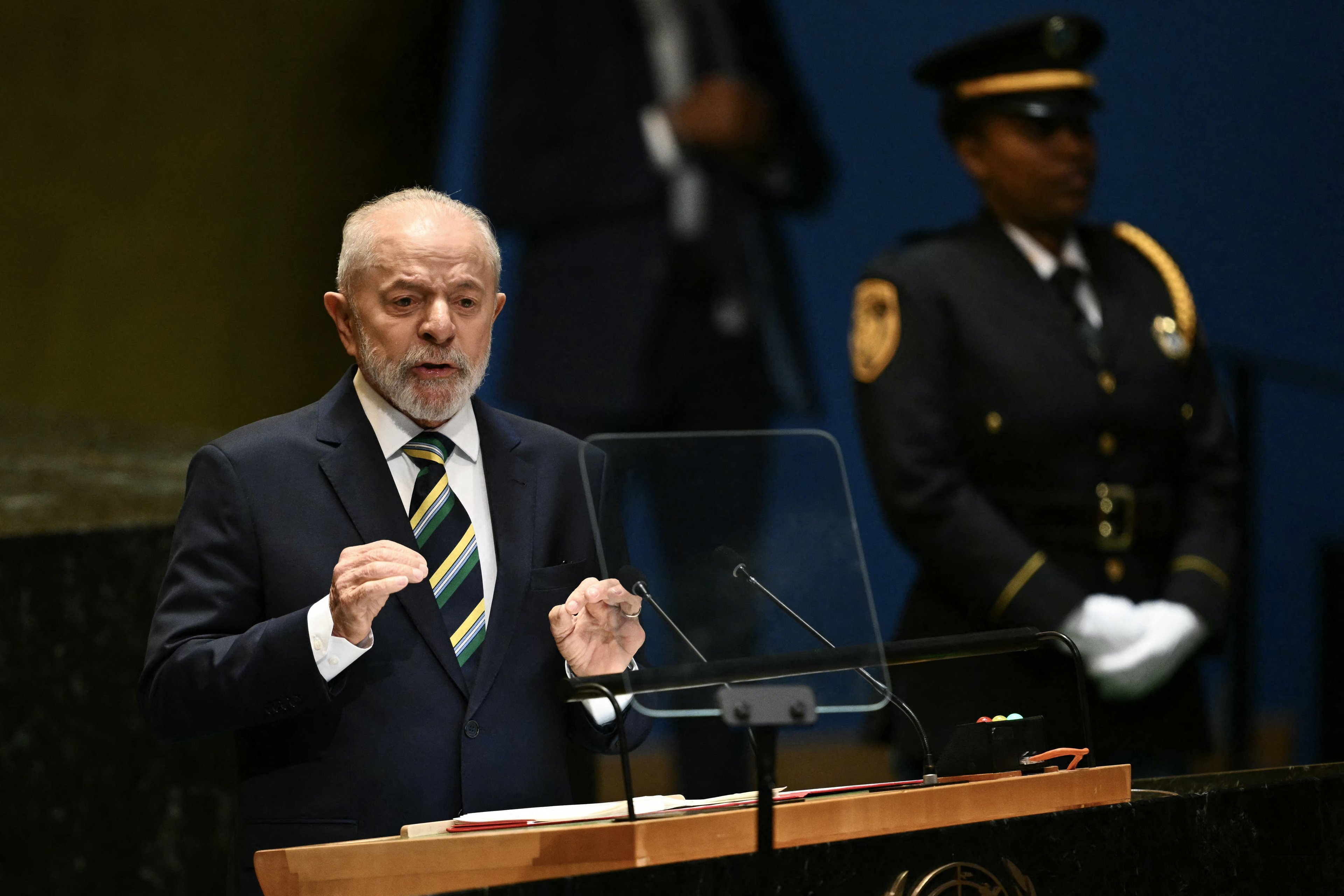 Brazil's President Luiz Inacio Lula da Silva speaks during the 79th Session of the United Nations General Assembly at the United Nations headquarters in New York City on September 24, 2024. (Photo by ANGELA WEISS / AFP)