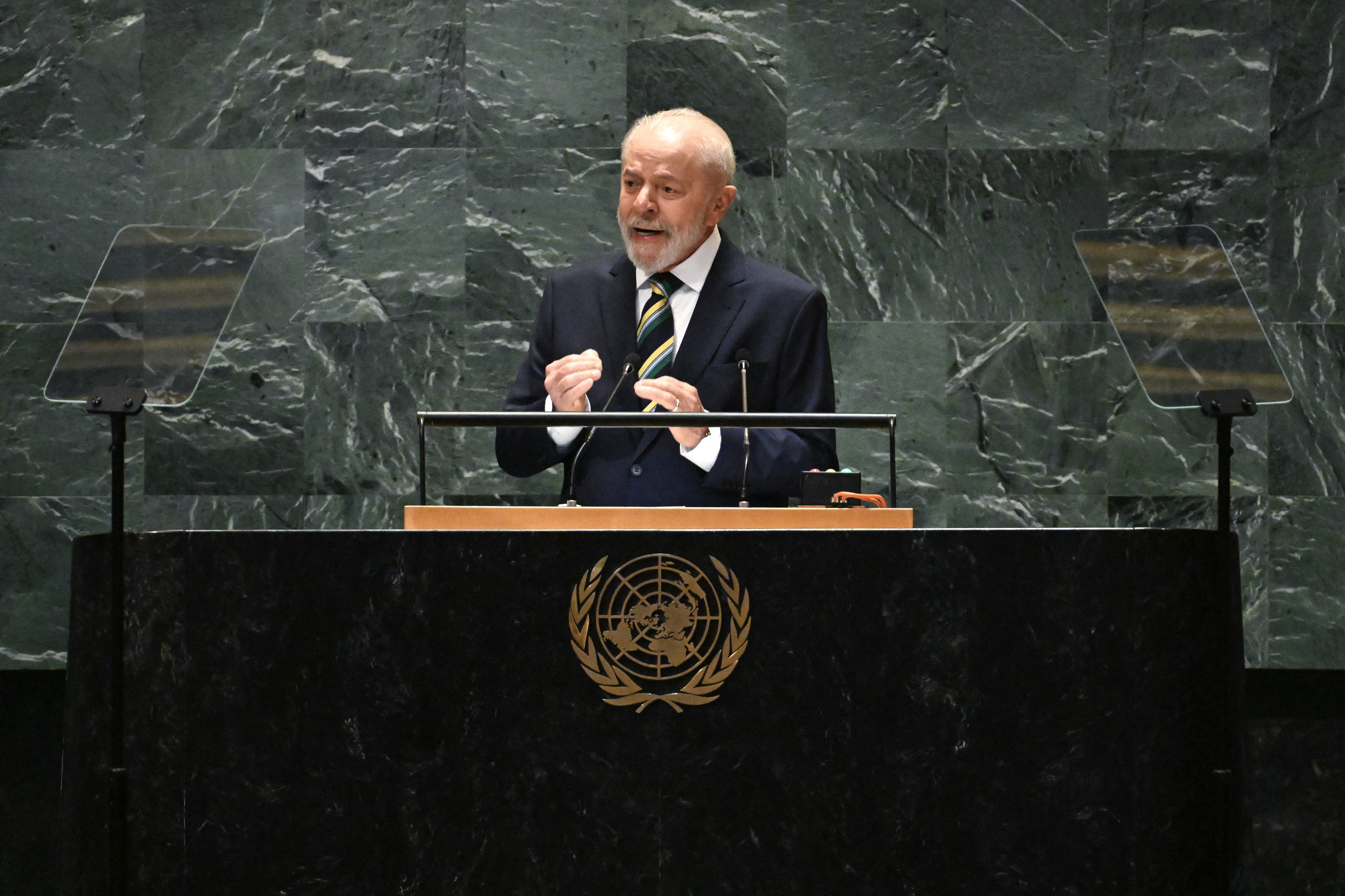 Brazil's President Luiz Inacio Lula da Silva speaks during the 79th Session of the United Nations General Assembly at the United Nations headquarters in New York City on September 24, 2024. (Photo by TIMOTHY A. CLARY / AFP)