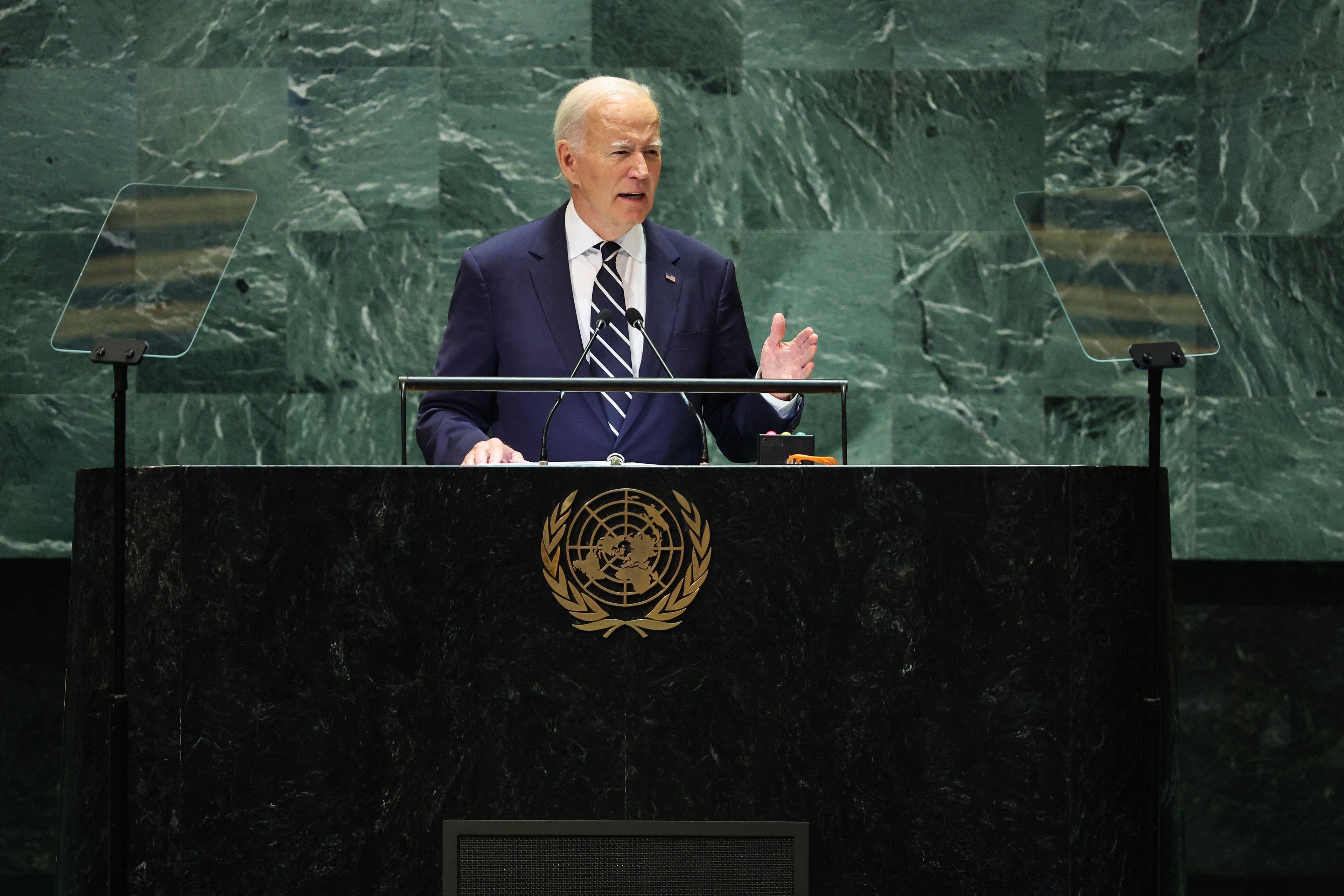 NEW YORK, NEW YORK - SEPTEMBER 24: U.S. President Joe Biden speaks during the United Nations General Assembly (UNGA) at the United Nations headquarters on September 24, 2024 in New York City. World leaders convened for the General Assembly as the world continues to experience major wars in Gaza, Ukraine and, Sudan along with the threat of a larger conflict in the Middle East.   Michael M. Santiago/Getty Images/AFP (Photo by Michael M. Santiago / GETTY IMAGES NORTH AMERICA / Getty Images via AFP)