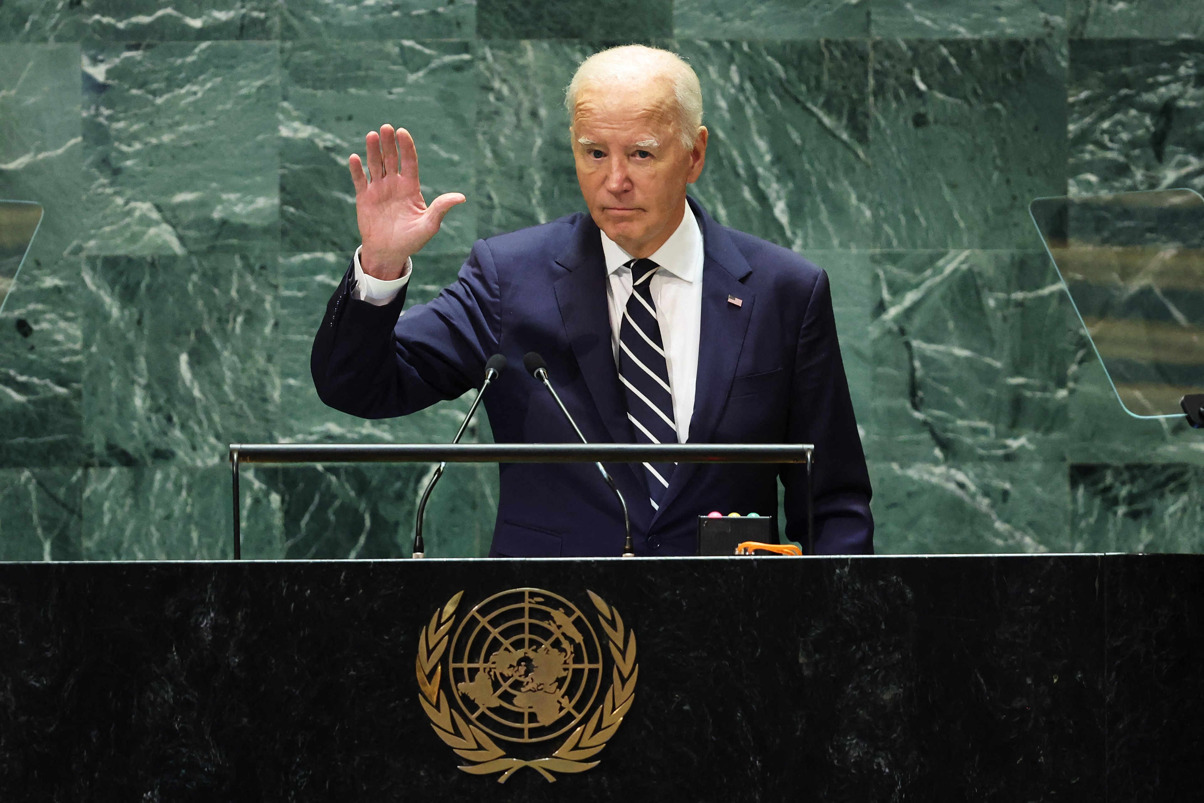 NEW YORK, NEW YORK - SEPTEMBER 24: U.S. President Joe Biden waves as he leaves the stage during the United Nations General Assembly (UNGA) at the United Nations headquarters on September 24, 2024 in New York City. World leaders convened for the General Assembly as the world continues to experience major wars in Gaza, Ukraine and, Sudan along with a threat of a larger conflict in the Middle East.   Michael M. Santiago/Getty Images/AFP (Photo by Michael M. Santiago / GETTY IMAGES NORTH AMERICA / Getty Images via AFP)