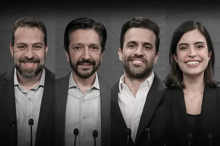 Boulos, Nunes, Marçal e Tabata: os quatros candidatos vão participar do penúltimo debate (Rogerio Pallatta/SBT/Reprodução)