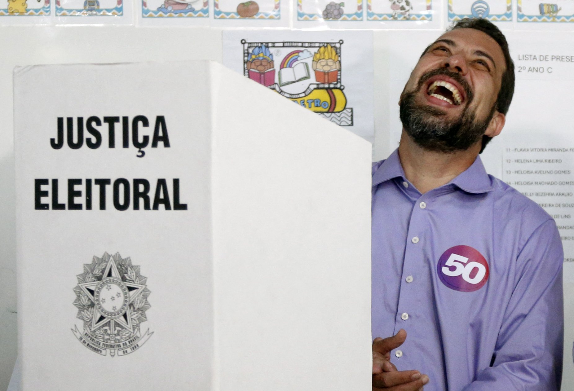 Sao Paulo city mayoral candidate Guilherme Boulos, for the Socialismo e Liberdade party (PSOL), gestures while casting his vote during the municipal elections first round, in Sao Paulo, Brazil, on October 6, 2024. Brazilians go to the polls Sunday to elect mayors and councillors in more than 5,500 cities after a vitriolic, sometimes violent campaign two years after presidential elections that polarized Latin America's biggest country. (Photo by Miguel SCHINCARIOL / AFP)