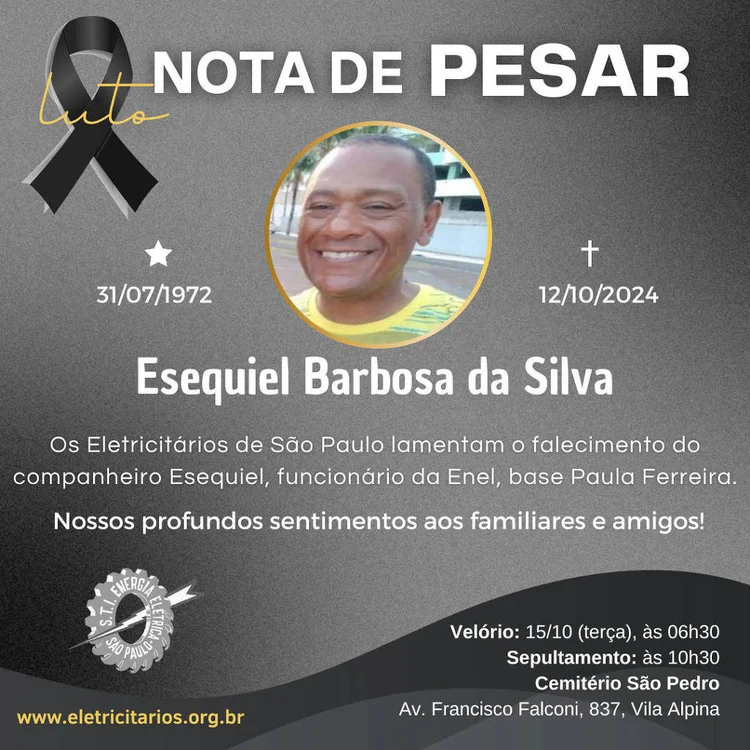 Sindicato dos Eletricitários divulgou uma nota de pesar pela morte de Esequiel (Divulgação/ Sindicato Eletricitários)