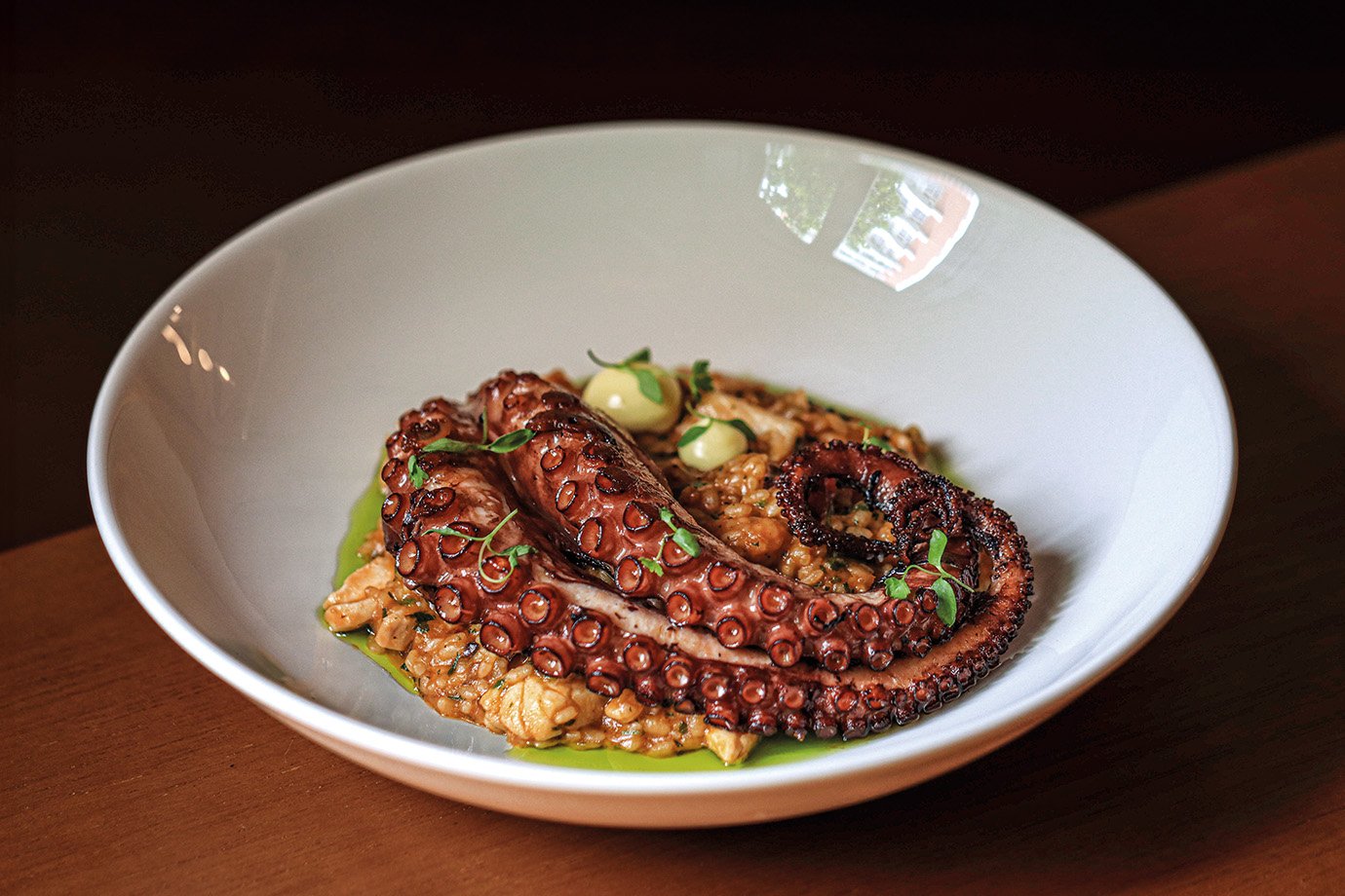 Miniarroz caldoso com polvo grelhado, chorizo, cubos de peixe e aïoli do Koral