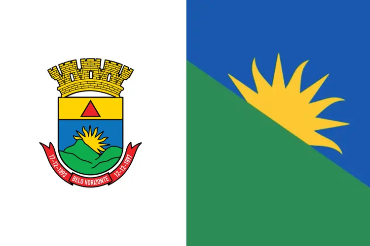 As duas opções de bandeira de Belo Horizonte: a atual, com o brasão da cidade, e a nova proposta minimalista, que será decidida em referendo (Divulgação)