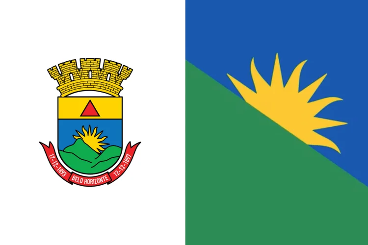 As duas opções de bandeira de Belo Horizonte: a atual, com o brasão da cidade, e a nova proposta minimalista, que será decidida em referendo (Divulgação)