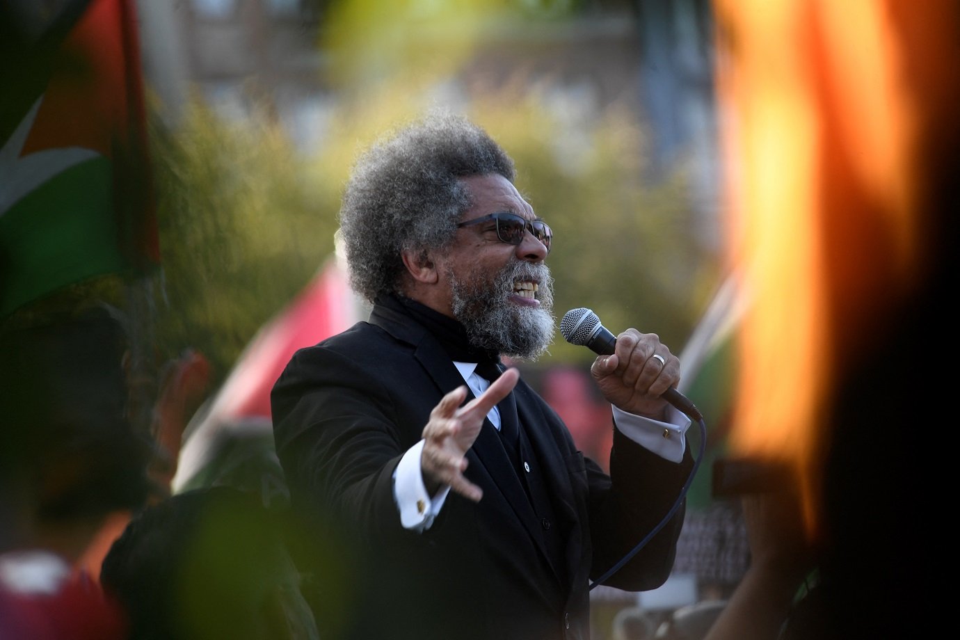 (FILES) Independent presidential candidate Cornel West addresses a pro-Palestinian rally on the third day of the Democratic National Convention (DNC) at the United Center in Chicago, Illinois, on August 21, 2024. A scion of the famed Kennedy family. A Green Party activist. A self-proclaimed "armed and gay" libertarian. The US presidential election is toss-up between Democrat Harris and Republican Trump. However, the two-party system still left room this year for three fringe players who could yet influence an ultra-tight election on November 5. (Photo by MATTHEW HATCHER / AFP)