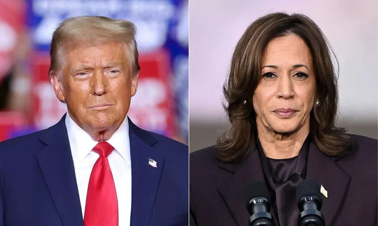 Montagem com o presidente eleito dos EUA, Donald Trump, e a atual vice-presidente, Kamala Harris (AFP)