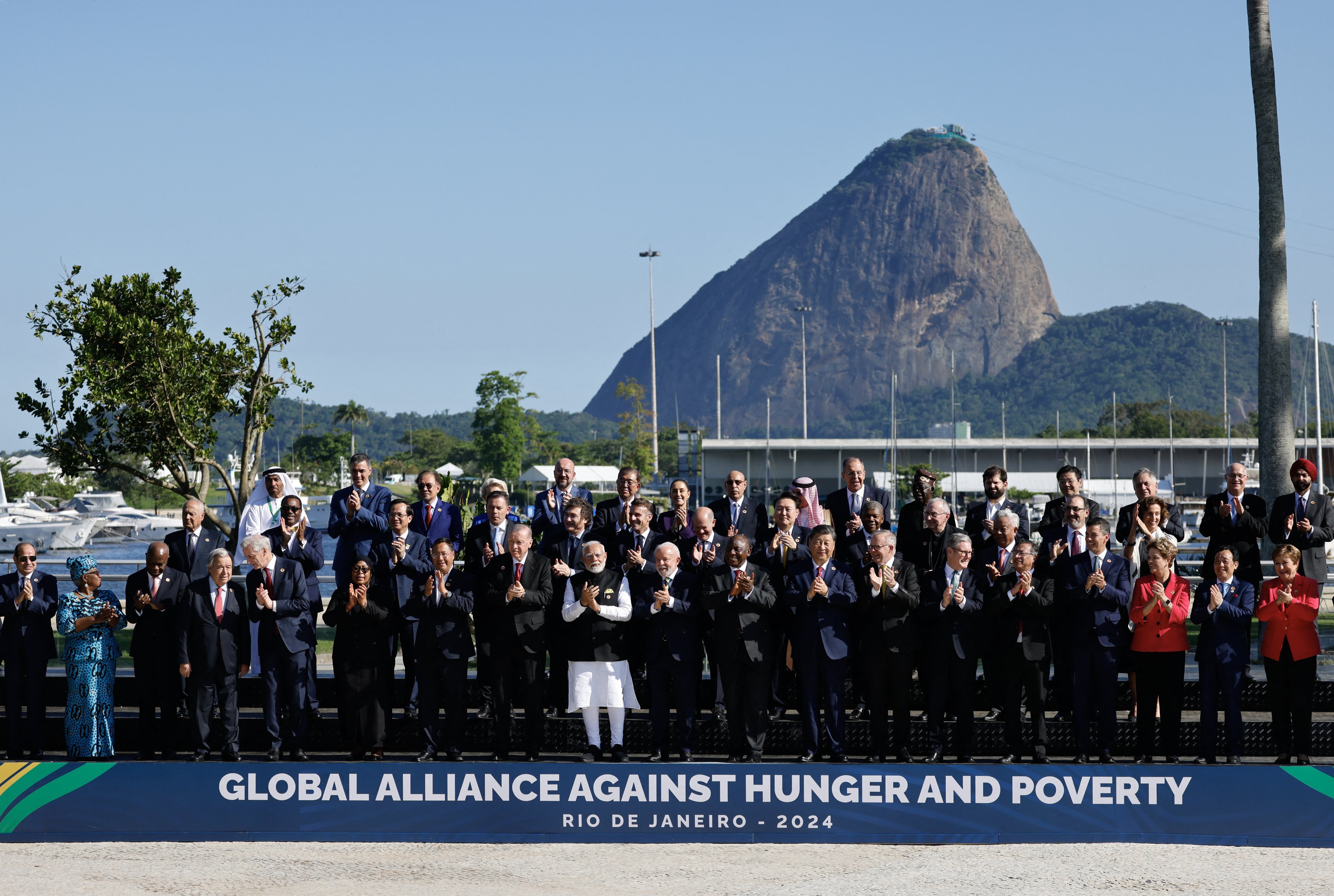 Leaders attending the launch of the Global Alliance Against Hunger and Poverty pose for a group photo after the first session of the G20 Leaders' Meeting in Rio de Janeiro, Brazil, on November 18, 2024. (Photo by Ludovic MARIN / AFP)