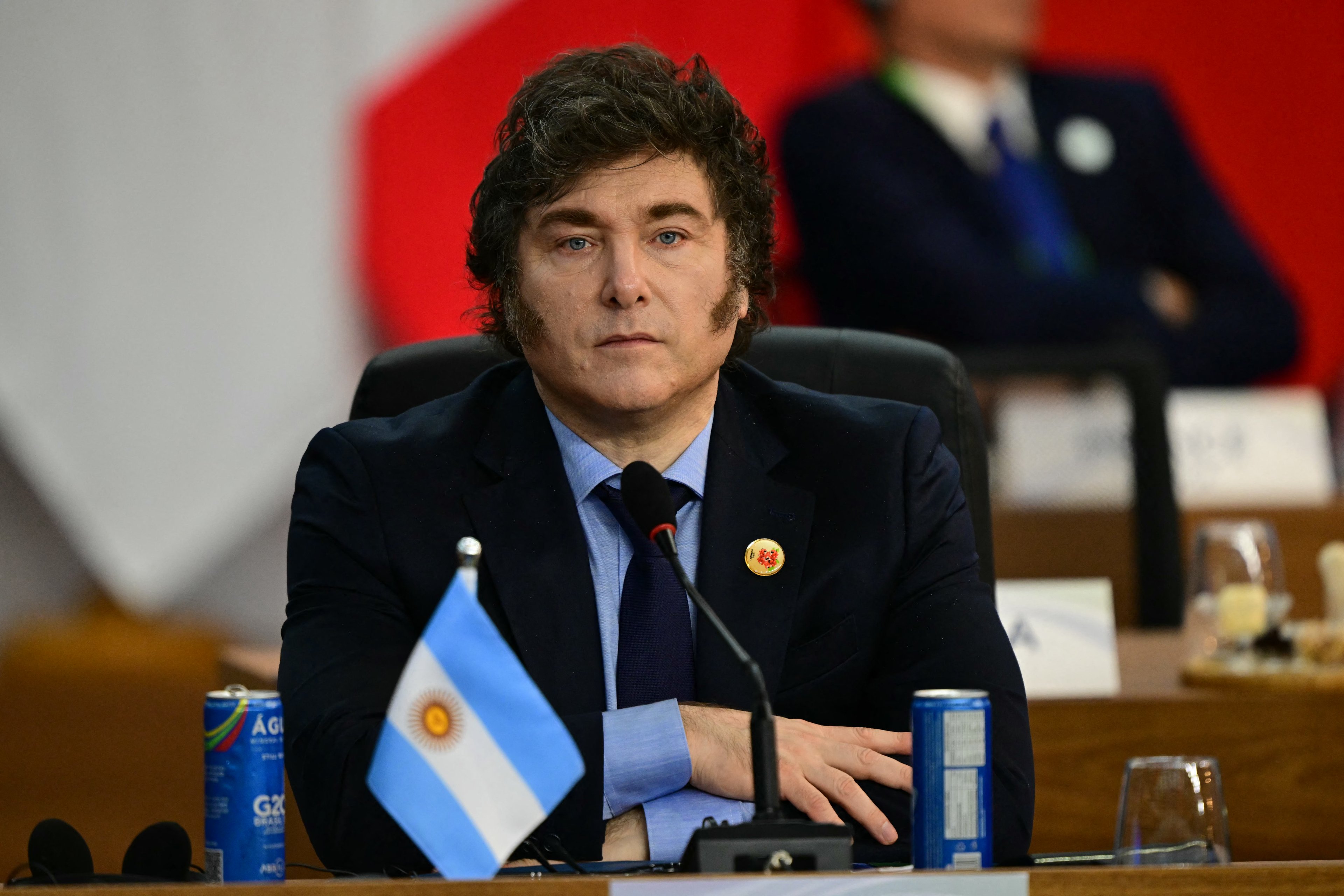 Argentina's President Javier MIlei looks on during the second session of the G20 Leaders' Meeting in Rio de Janeiro, Brazil, on November 18, 2024. (Photo by Pablo PORCIUNCULA / AFP)