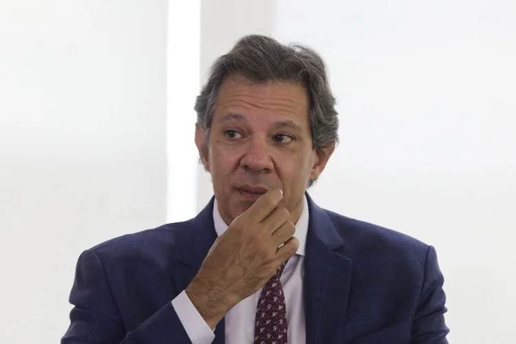 Brazil's Economy Minister Fernando Haddad gestures next to Brazil's President Luiz Inacio Lula da Silva (out of frame) during a meeting on family farming at the Planalto Palace in Brasilia on November 27, 2024. (Photo by Sergio Lima / AFP)