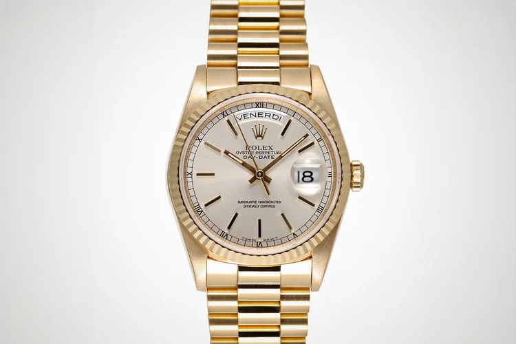 Rolex Day-Date - Caixa e pulseira presidente de ouro amarelo 18k. Visor de cristal de safira. Caixa, coroa, mostrador, movimento e fecho assinados. (Divulgação/Divulgação)