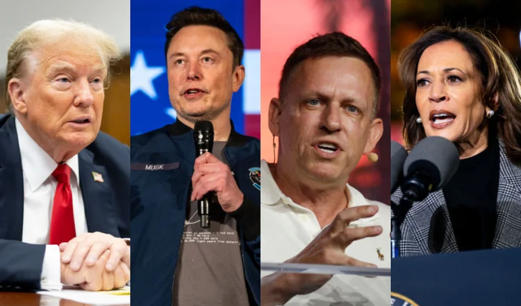 Donald Trump, Elon Musk, Peter Thiel e Kamala Harris: a influência tecnológica na política dos EUA (Montagem/Getty Images)