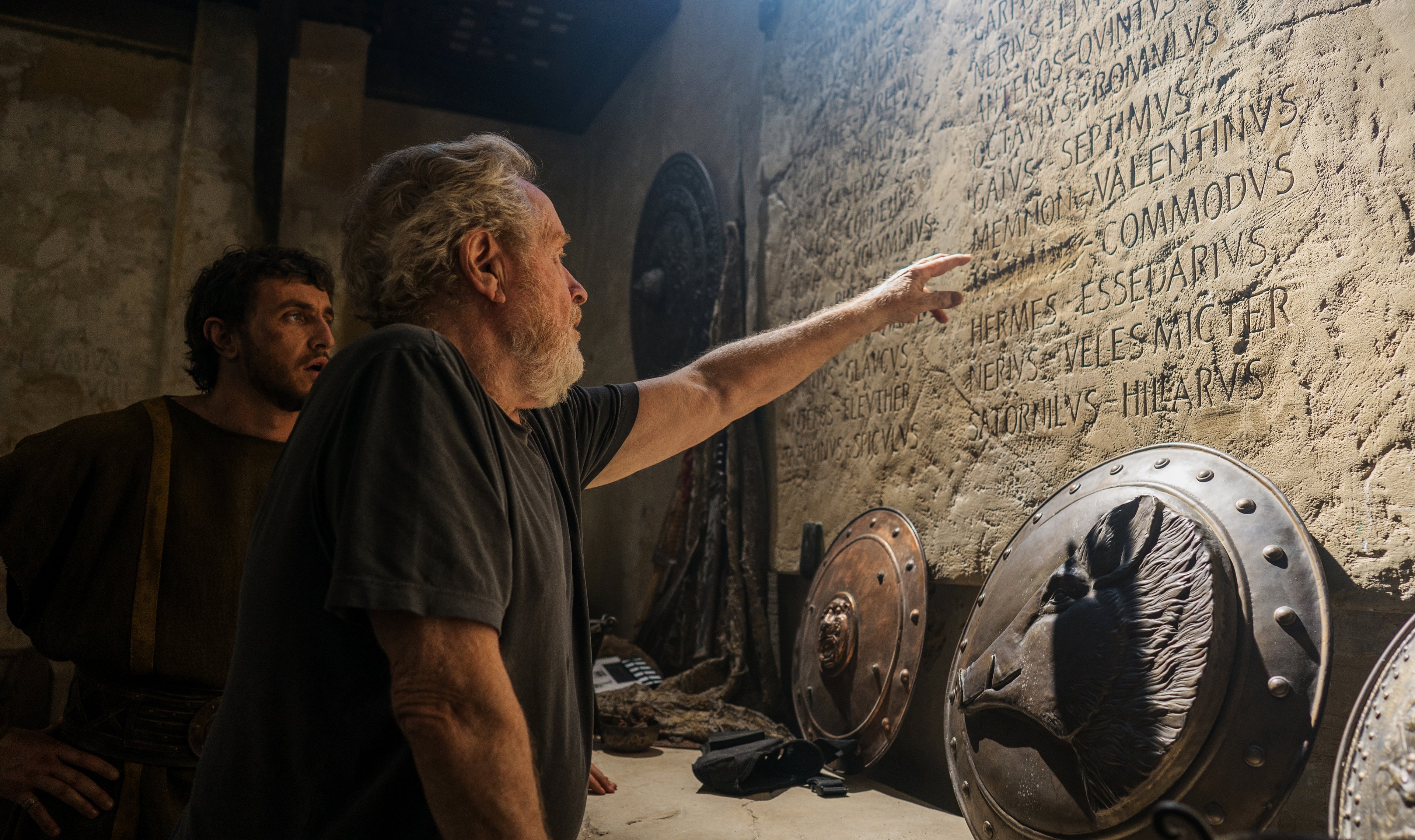 Paul Mescal and Director Ridley Scott on the set of Gladiator II from Paramount Pictures.