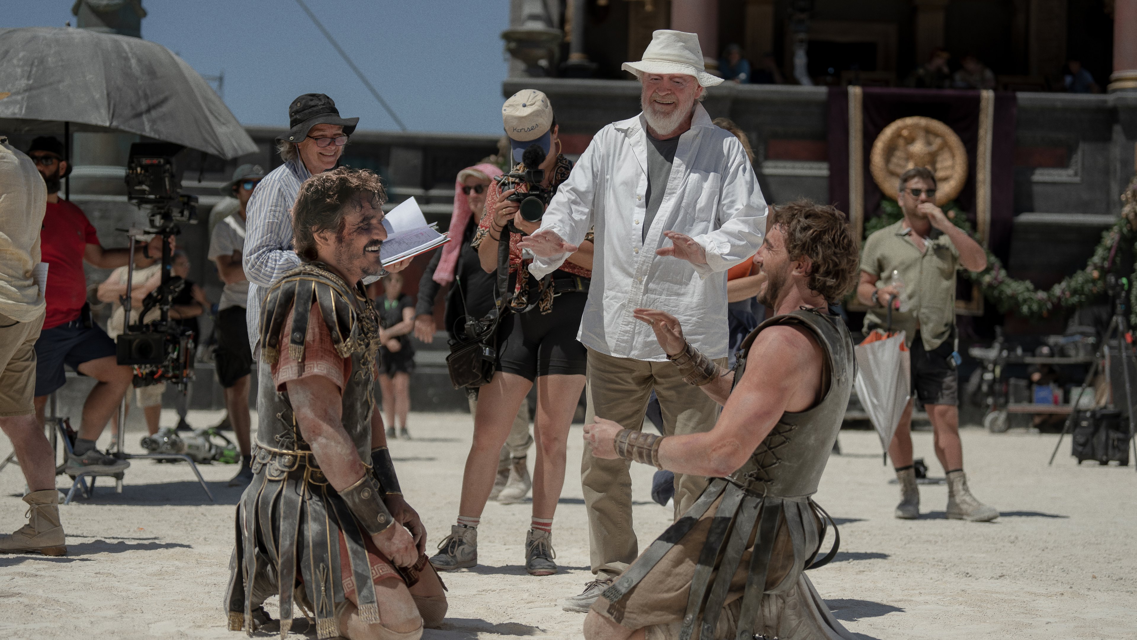 Pedro Pascal, Director Ridley Scott and Paul Mescal on the set of Gladiator II from Paramount Pictures.