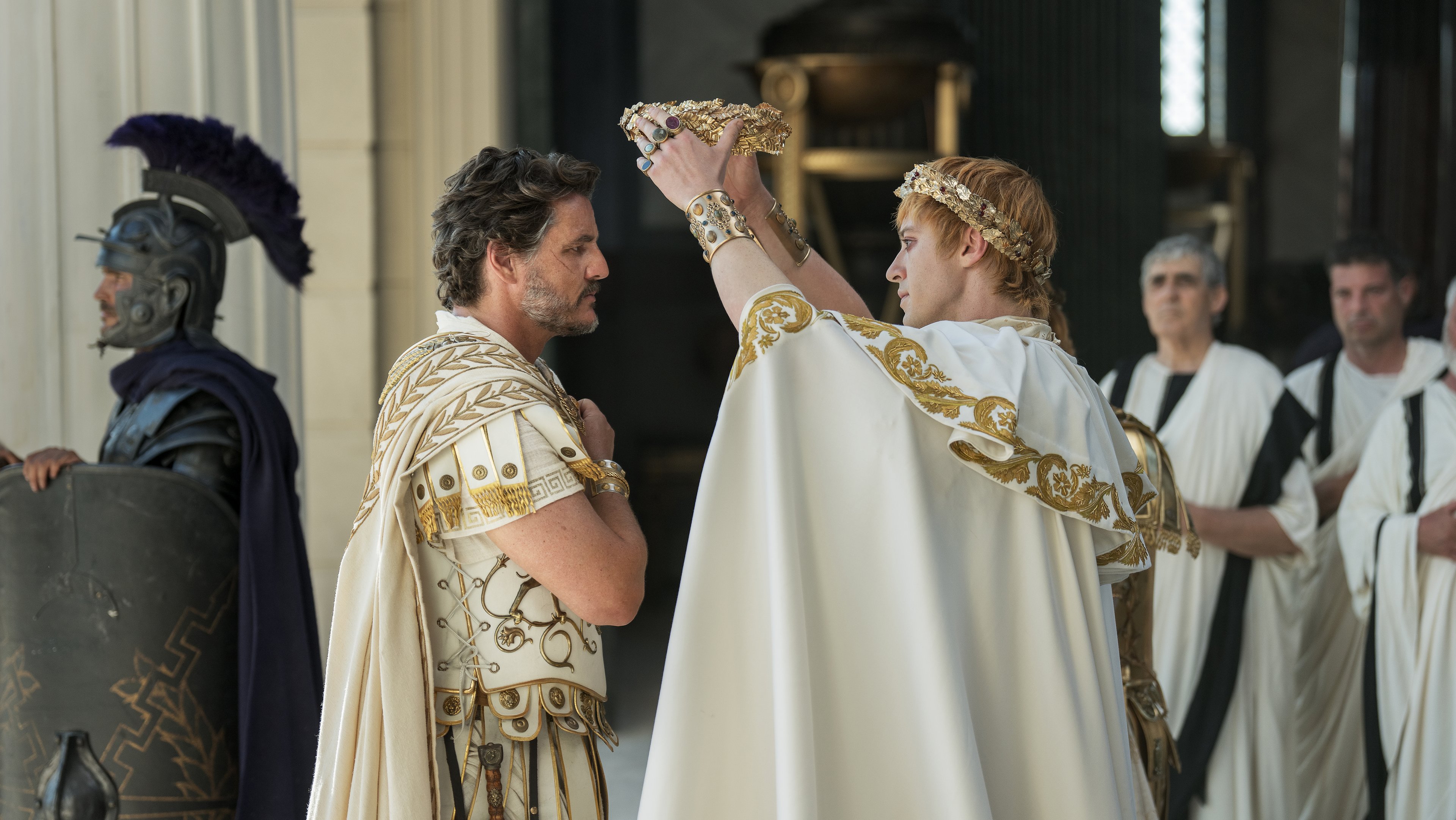 Pedro Pascal plays General Acacius and Joseph Quinn plays Emperor Geta in Gladiator II from Paramount Pictures.