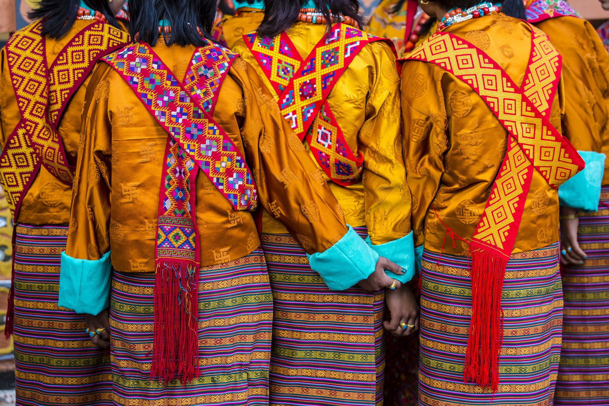 Women wearing kera, traditional dress at Paro tsechu (festival).