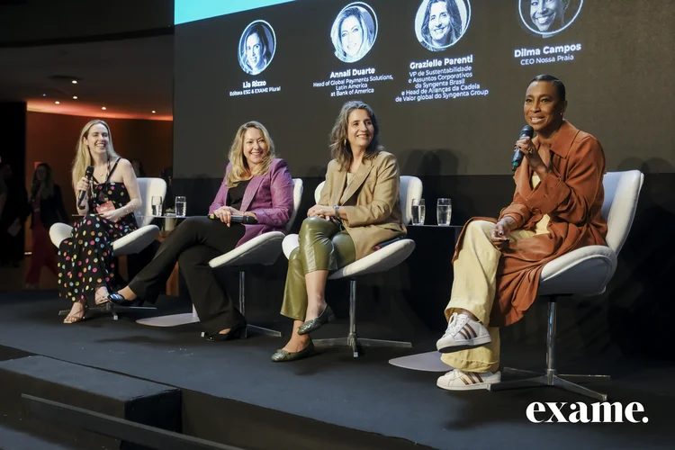 Primeiro painel "Agenda ESG em 2025: nova economia, velhos desafios?" contou com a presença de Annali Duarte, Dilma Campos, Grazielle Parenti e mediação de Lia Rizzo (Eduardo Frazão)