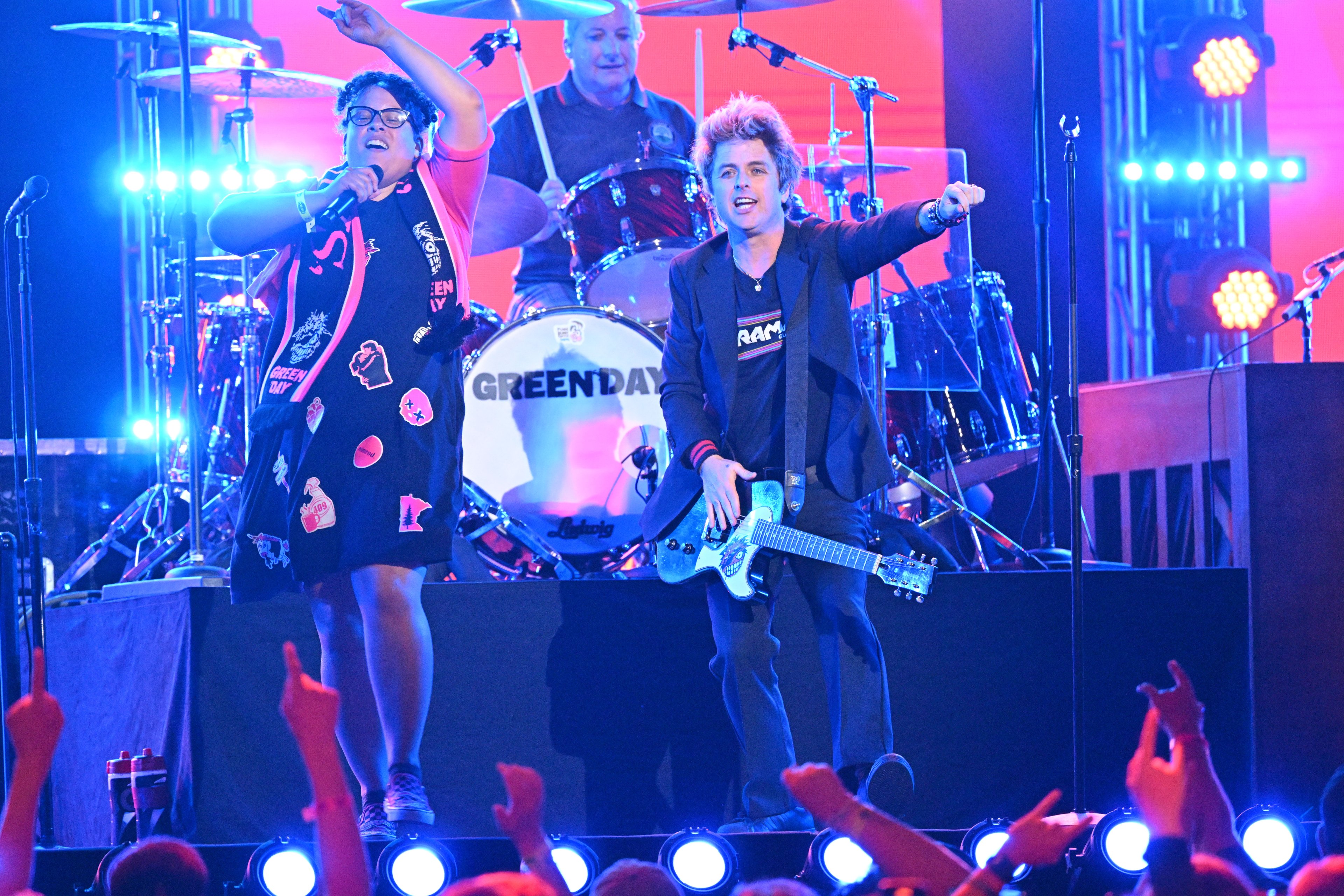 LOS ANGELES, CA - SEPTEMBER 16: Billie Joe Armstrong and Tre Cool of Green Day are seen performing on September 16, 2024 in Los Angeles, California.  (Photo by PG/Bauer-Griffin/GC Images)