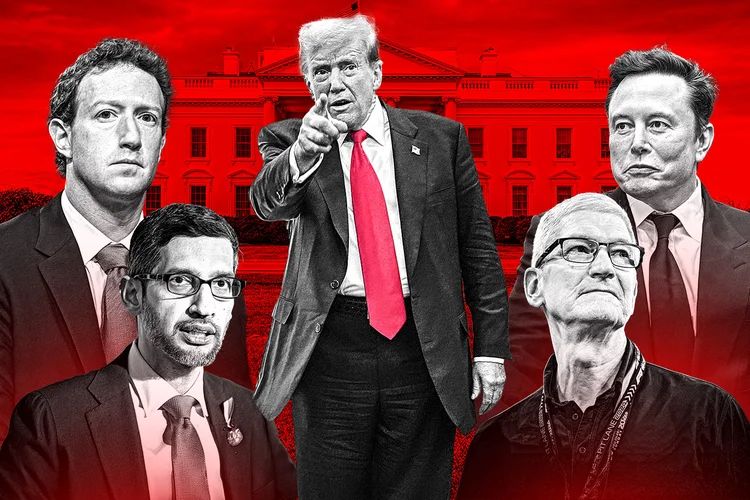 Donald Trump ao lado de figuras influentes do setor de tecnologia: Elon Musk (X), Tim Cook (Apple), Sundar Pichai (Google) e Mark Zuckerberg (Meta) (Montagem EXAME/Getty Images)