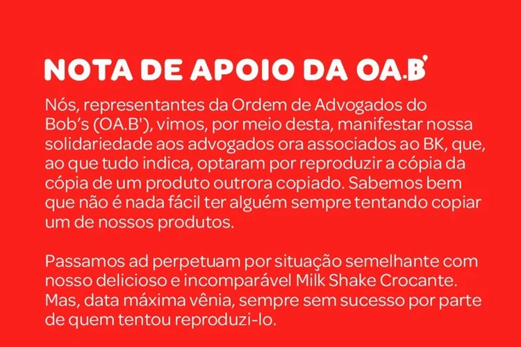 Com linguagem jurídica e ironia, Bob’s entra na disputa entre gigantes do fast food e defende a superioridade de seu Milk Shake Crocante (Reprodução/Instagram)